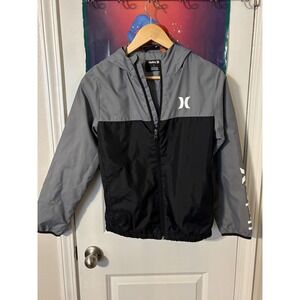 Hurley Youth Boys L Colorblock Hooded Windbreaker Jacket Gray Black